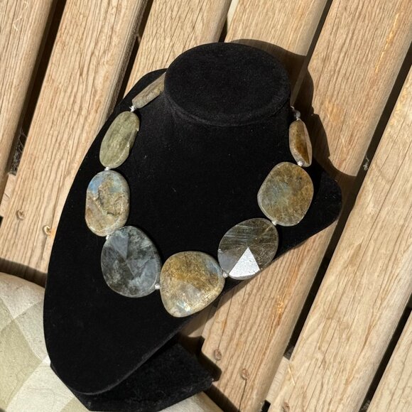 Chunky Labradorite Statement Necklace Polished Iridescent Stone Jewelry Boho 925 - Picture 7 of 16